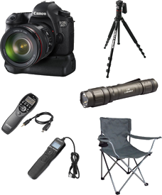 Photos of all equipment required - camera, intervalometer (two types), tripod, flashlight, and chair